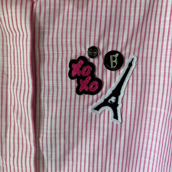 Karl Lagerfeld Paris Top Blouse Collared Shirt Logo XOXO Eiffel Striped Pink S - Picture 8 of 11